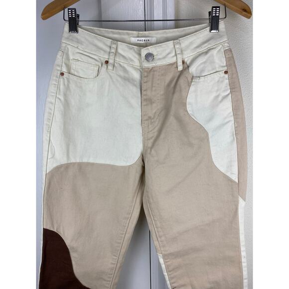 PacSun Women's Size 25 Cream Brown Tan Patchwork Colorblock Mom Jeans - Picture 2 of 5